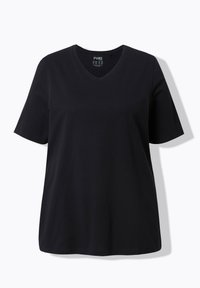 Musta V-päänauha t-paita, valmistettu puuvillasta, jossa on lyhyet hihat ja rento istuvuus. Tasainen pinta ilman näkyviä kuvioita tai koristeita.