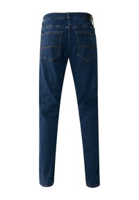 Mörkblå denimjeans med slim fit, med två bakfickor och kontrasterande sömmar. Midjan har en svart läderdetalj.