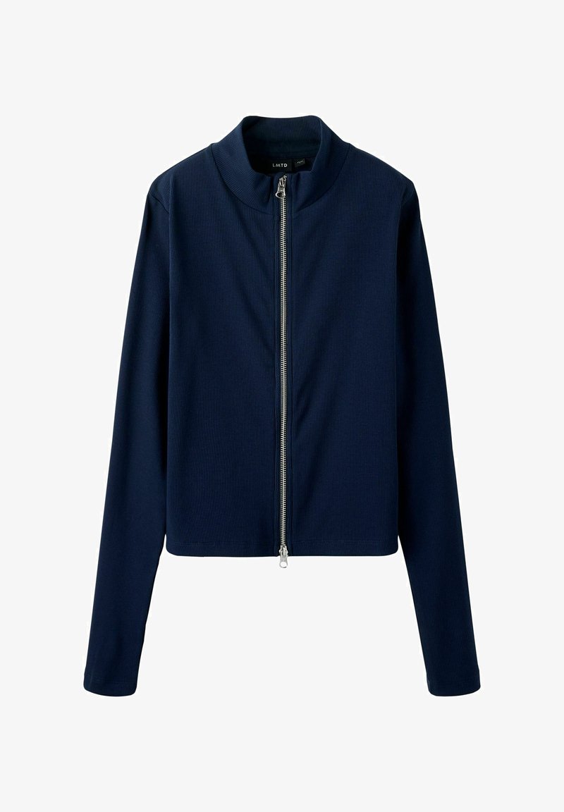 Navy blue zip-up jacket with a ribbed texture, cropped design, and a stand-up collar. Features long sleeves and silver zipper hardware.