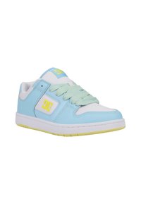 Light blue and white athletic shoe with a textured leather upper, rubber sole, green accents, and patterned laces. DC logo on the side.