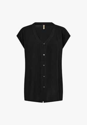Fekete, rövid ujjú blúz V-kivágással, gombos záródással, puha és sima anyagból készült. Finom textúrájú részlet a vállaknál.
