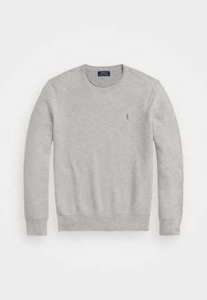 Hellgrauer langärmeliger Pullover mit Rundhalsausschnitt, gerippten Bündchen und Saum, mit kleinem gesticktem Logo auf der Brust.