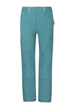 Türkisfarbene Outdoor-Hose aus strapazierfähigem Material, mit geradem Schnitt, verstärkten Knien und mehreren Taschen mit dezenten Nähakzenten.