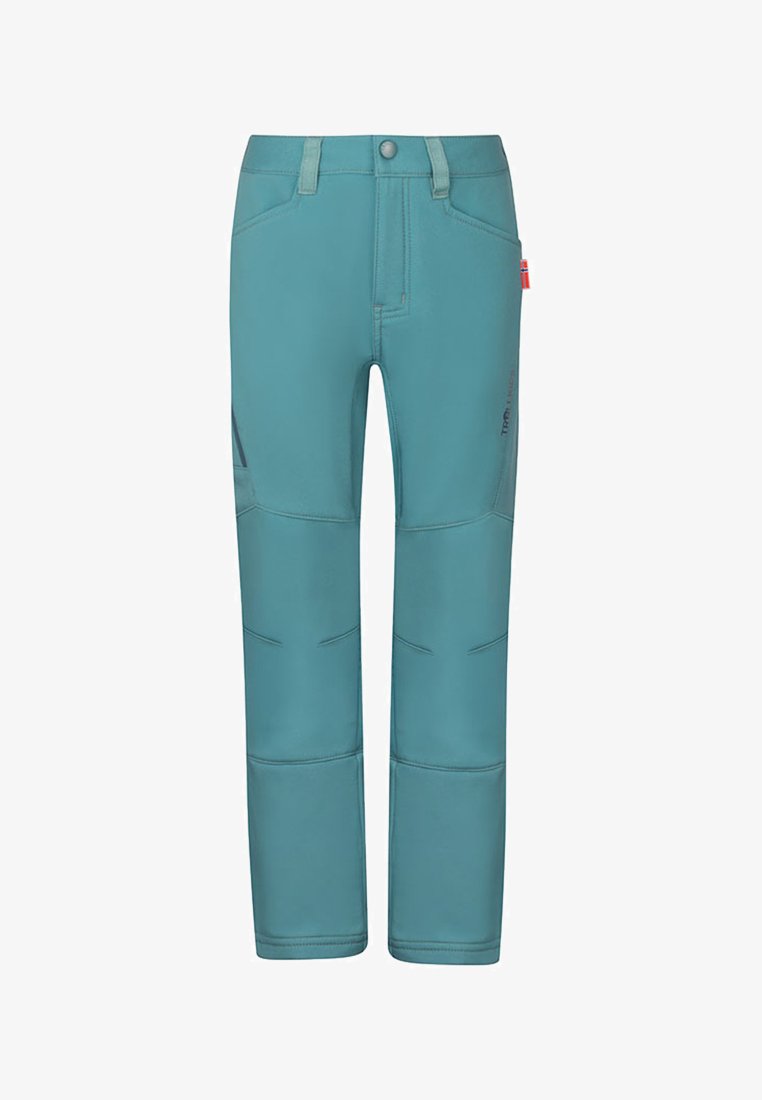 Turquoise outdoor pants made of durable material, featuring a straight cut, reinforced knees, and multiple pockets with minimal stitching accents.