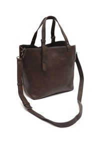 Brun läder tote-väska med två handtag på toppen och en avtagbar axelrem. Platt form, slät textur och minimal hårdvarudekoration.