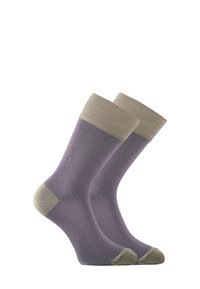 Chaussettes violettes avec un bord côtelé beige, présentant des accents contrastés beige au niveau des orteils et du talon. Texture lisse avec un design classique de longueur mi-mollet.