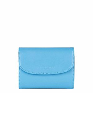 Light blue leather wallet with a rounded flap closure, subtle embossed logo, and smooth texture, featuring neatly stitched edges.