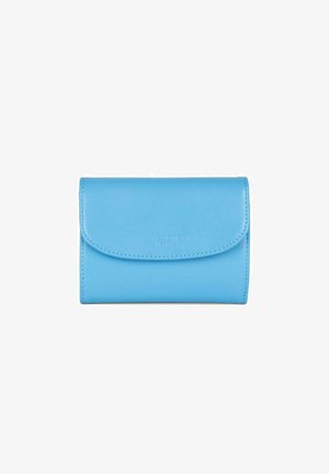 Light blue leather wallet with a rounded flap closure, subtle embossed logo, and smooth texture, featuring neatly stitched edges.