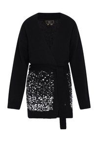 Schwarzer Wickelcardigan mit einem strukturierten gestrickten Oberteil und glänzenden silbernen Paillettenverzierungen im unteren Bereich. Mit passendem Gürtel.