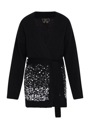 Black wrap cardigan with a textured knit upper and shiny silver sequin detailing on the lower half. Features a matching belt.