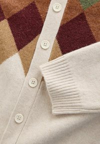 Helebeež kardigan, millel on roostevabast, pruunist ja rohelisest koosnev diameetriline muster. Omab viit nööpi ja tekstureeritud ribiga varrukaotsi. Pehme materjal.