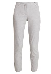 Pantalons sur mesure gris clair, fabriqués dans un tissu texturé, avec une coupe slim, des poches latérales et un devant plat.