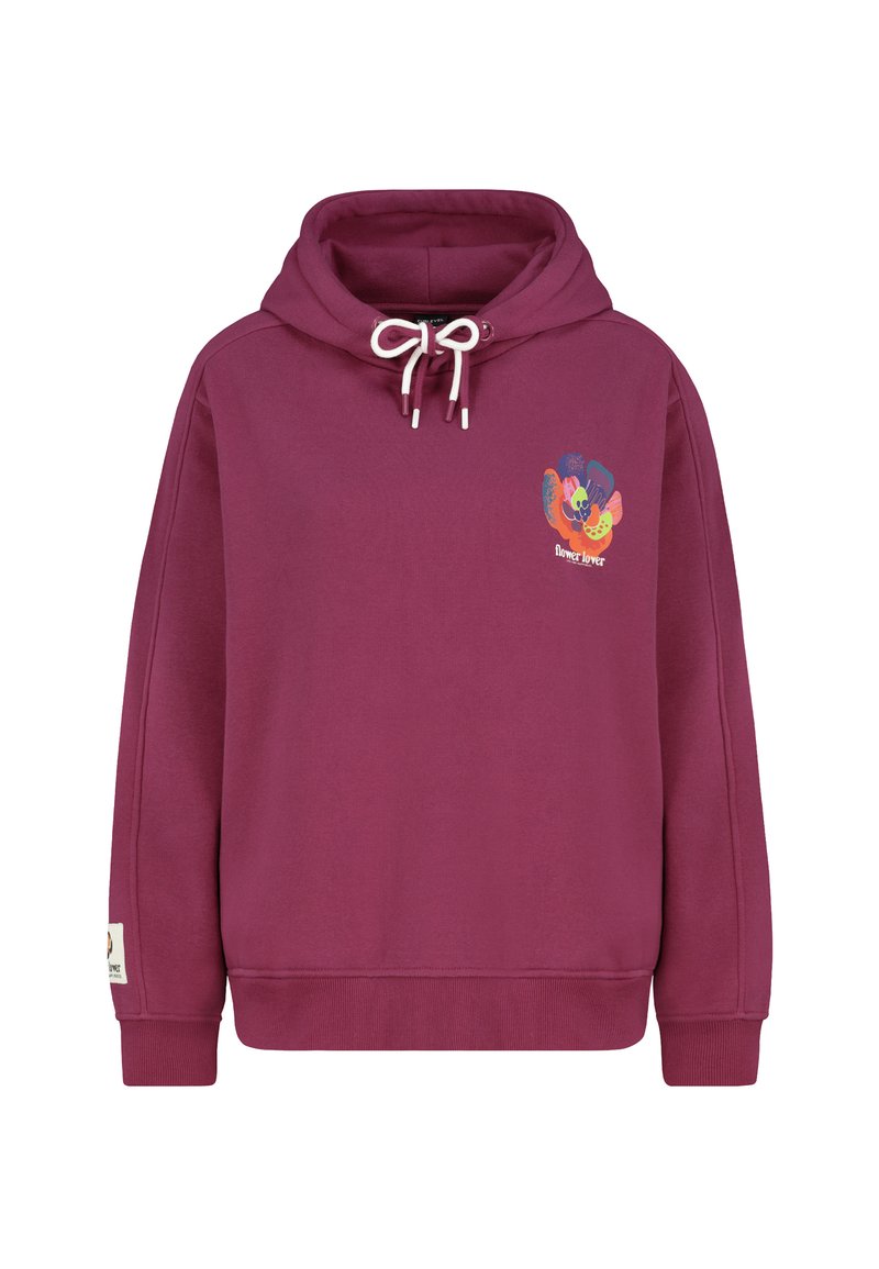 Bordeaux hoodie met een trekkoordsluiting, geribde manchetten en een grafisch ontwerp van kleurrijke bloemen met de tekst "bloemenliefhebber" op de voorkant.
