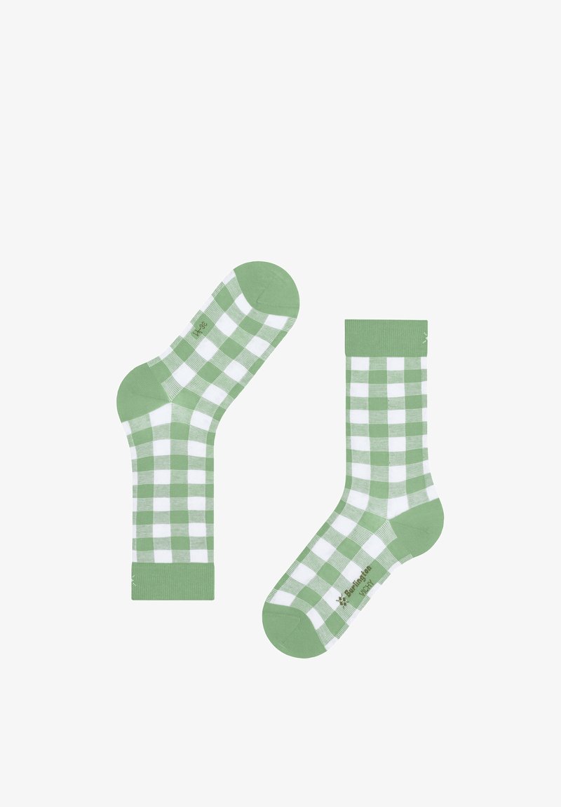 Paire de chaussettes mi-mollet avec motif à carreaux vert et blanc, talon, pointe et bordure verts unis, posées à plat sur fond blanc.