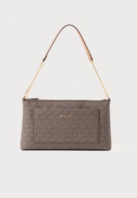 Brown rectangular Michael Kors bag with repeating logo pattern, gold chain strap with leather shoulder pad, and front pocket with brand name.