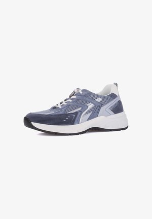 Blue and gray breathable mesh running shoe with white sole and laces, black outsole, and suede detailing.