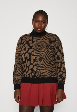 Vero Moda Curve VMCVERA ANIMAL O-NECK - Svetrík - black/brown lentil