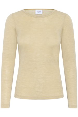 Bež dolgotrajna majica z dolgimi rokavi in ovalnim izrezom, preprosta zasnova in tkaninska etiketa "Saint" na zadnjem delu vratu.