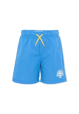 Blauwe shorts met elastische taille, gele trekkoord en wit Timberland-logo op het onderste linkerbeen.