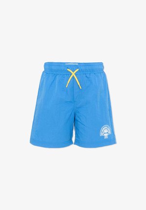 Blauwe shorts met elastische taille, gele trekkoord en wit Timberland-logo op het onderste linkerbeen.