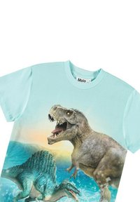 Ljusblå kortärmad t-shirt med en grafik av en T-Rex och en Spinosaurus på en vattenbakgrund. Mjuk bomullstyg. Varumärke: Molo.