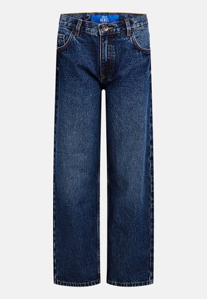 Dark blue denim jeans with a straight-leg design, featuring a button fly, two front pockets, and a visible brand tag inside the waistband.