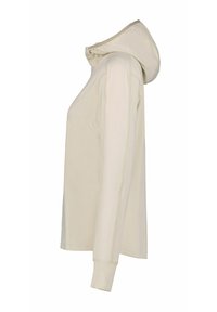 Beige hættetrøje med lange ærmer, stor hætte, tætsiddende manchetter og en lige kant, vist fra siden på en hvid baggrund.