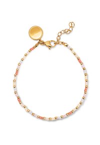 Bracciale tono oro con perline pastello rosa, bianche e pesca, con accenti dorati e chiusura a moschettone.