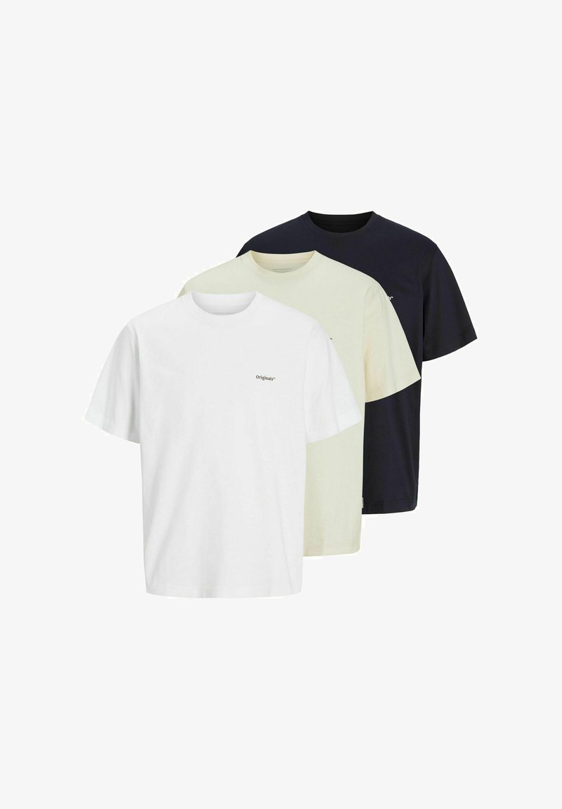 Three t-shirts stacked: white, light beige, and navy blue. Short sleeves, round necklines, made of cotton, each with a small logo on the front.