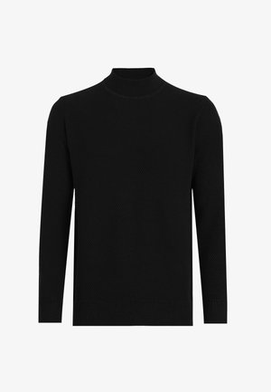 Suéter negro con cuello alto, mangas largas, diseño de punto texturizado y puños y dobladillo acanalados, que ofrece un ajuste ceñido y un estilo minimalista.