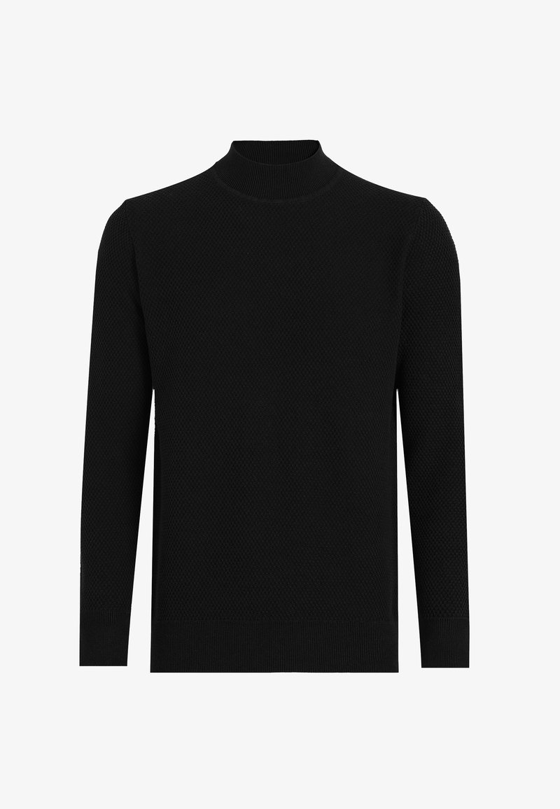 Pull noir avec col montant, manches longues, motif tricoté texturé, et poignets et ourlet côtelés, offrant une coupe ajustée et un style minimaliste.