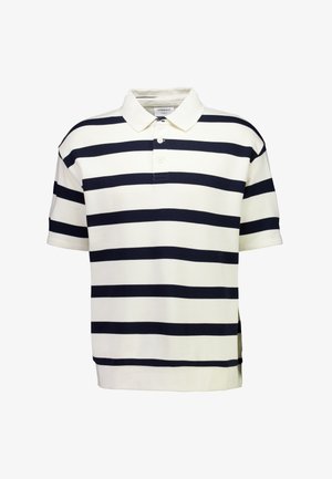 Gestreept poloshirt met afwisselend marineblauwe en witte horizontale strepen, gemaakt van katoen, met een klassieke kraag en een knoopsluiting met twee knopen.