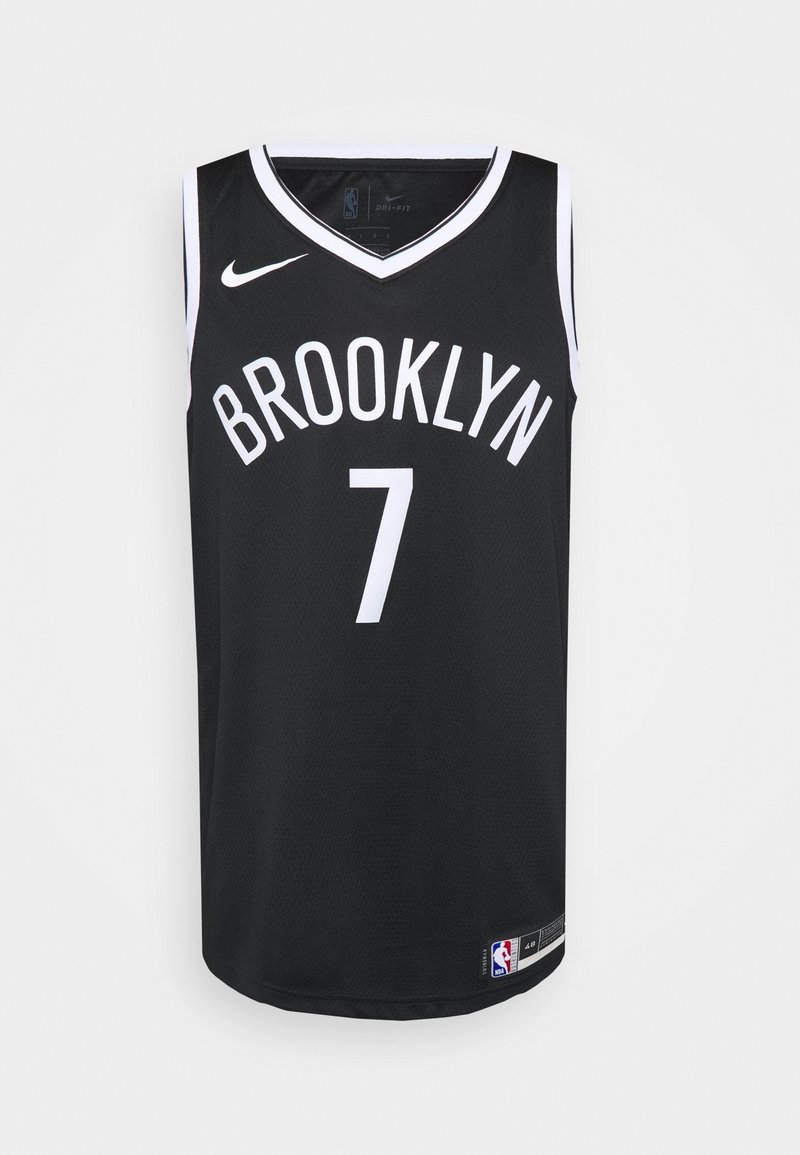 Černý basketbalový dres vyrobený z prodyšné síťoviny. Na hrudi je bílý nápis "BROOKLYN" a pod ním uprostřed číslo "7", s logem Nike.