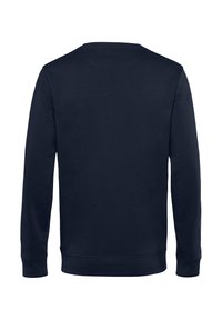 Felpa di un blu navy scuro con maniche lunghe, scollo rotondo, polsini e vita a coste. Texture liscia, senza motivi o dettagli visibili.