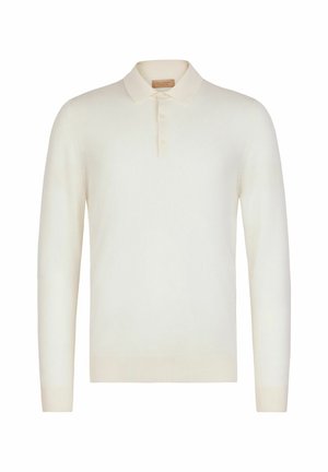 Helles cremefarbenes Langarm-Poloshirt mit gerippten Bündchen und Saum, ausgestattet mit einer geknöpften Blende und einem weichen Kragen.