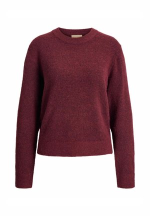 Bordeaux uldsweater med rund halsudskæring, lange ærmer og en afslappet pasform; har en blød, tekstureret overflade og ribbet kant.