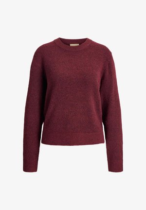Bordeaux uldsweater med rund halsudskæring, lange ærmer og en afslappet pasform; har en blød, tekstureret overflade og ribbet kant.