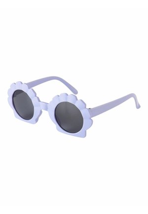 Purple sunglasses with dark round lenses and a frame shaped like flower petals around each lens.