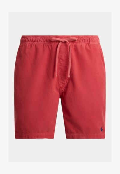 Rode casual korte broek met elastische tailleband, trekkoord en een klein geborduurd marineblauw logo bij de linker zoom.