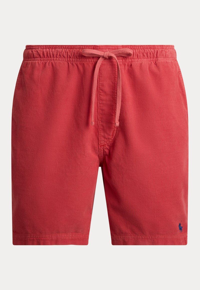 Shorts décontractés rouges avec taille élastique, cordon de serrage et petit logo brodé bleu marine près de l'ourlet gauche.
