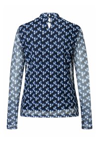 Langärmlige Bluse mit navyfarbenem Grund, die ein florales Muster in hellblau zeigt. Das Material scheint leicht zu sein, mit einem hohen Kragen und einem Schlüssellochdetail.