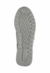 Ljust grå sneaker sula med en texturerad design med cirkulära mönster och spår för grepp. Tillverkarens logotyp synlig på sidan.