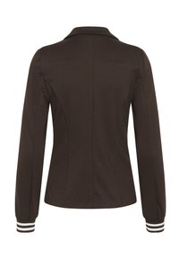 Veste marron foncé à manches longues avec col et poignets blancs rayés, vue de dos sur fond blanc.