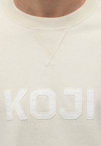 Gros plan d'un sweat-shirt beige avec des lettres blanches cousues formant "JOCK" à l'envers et un petit texte indiquant "the season of domestic."