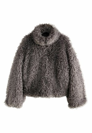 Faux-Fur-Jacke in sanftem Grau mit hohem Kragen, cropped Design und strukturiertem, flauschigem Material. Verfügt über lange Ärmel und einen Reißverschluss.