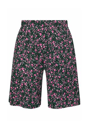 Pantalones cortos verde oscuro con un pequeño estampado floral rosa, cintura elástica y corte hasta la rodilla.