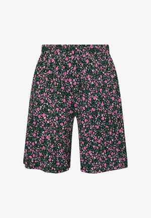 Ciemnozielone szorty z drobnym różowym kwiatowym nadrukiem, elastyczną talią i długością do kolan.