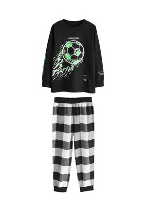 Czarna longsleeve z grafiką zielonej piłki nożnej i napisem; zestawiona z czarno-białymi w kratkę spodniami dresowymi. Miękki, oddychający materiał.