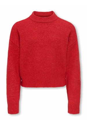 Rode cropped trui met een hoge hals, ribbels aan de mouwen en onderkant. Gemaakt van een zachte, gestructureerde stof, met een relaxte pasvorm en verlaagde schouders.