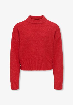 Crveni skraćeni džemper s visokim ovratnikom, rebrastim manžetama i rubom. Napravljen od mekog, teksturiranog materijala, s ležernim krojem i spuštenim ramenima.